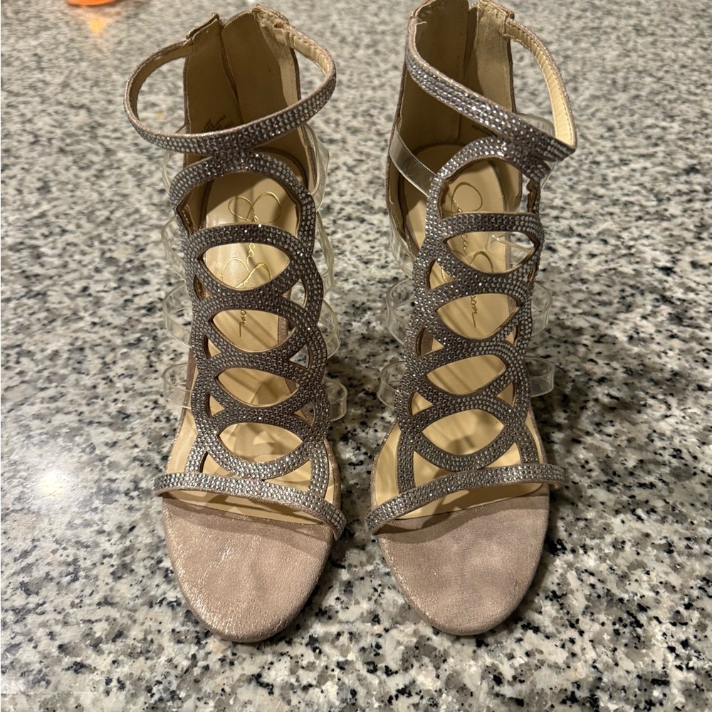 Jessica Simpson Glittering Silver and Tan Heels